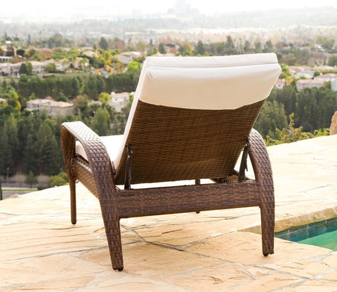 Dark Brown Adjustable Outdoor Patio Lounger With White Cushions And Table
