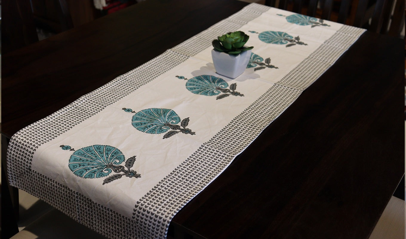 Garden Fresh Black and Green Hand Block Print Table Runner - 16 x 50