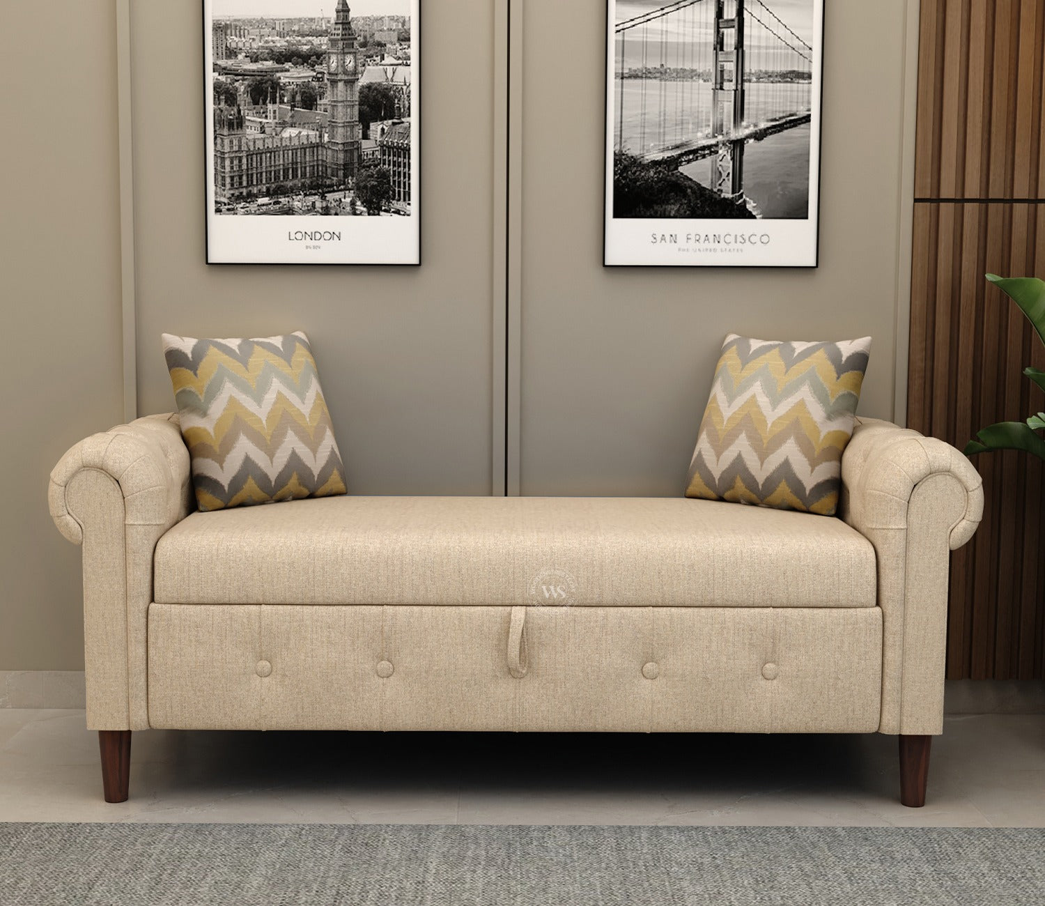 Velo Cushioned Hand Carved Sofa Bench With Hidden Storage (Jade Ivory)