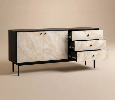 Marbay Modern Black Sideboard & Cabinet with Textured Front & Metal Base (Engineered Wood, Marble Pattern)