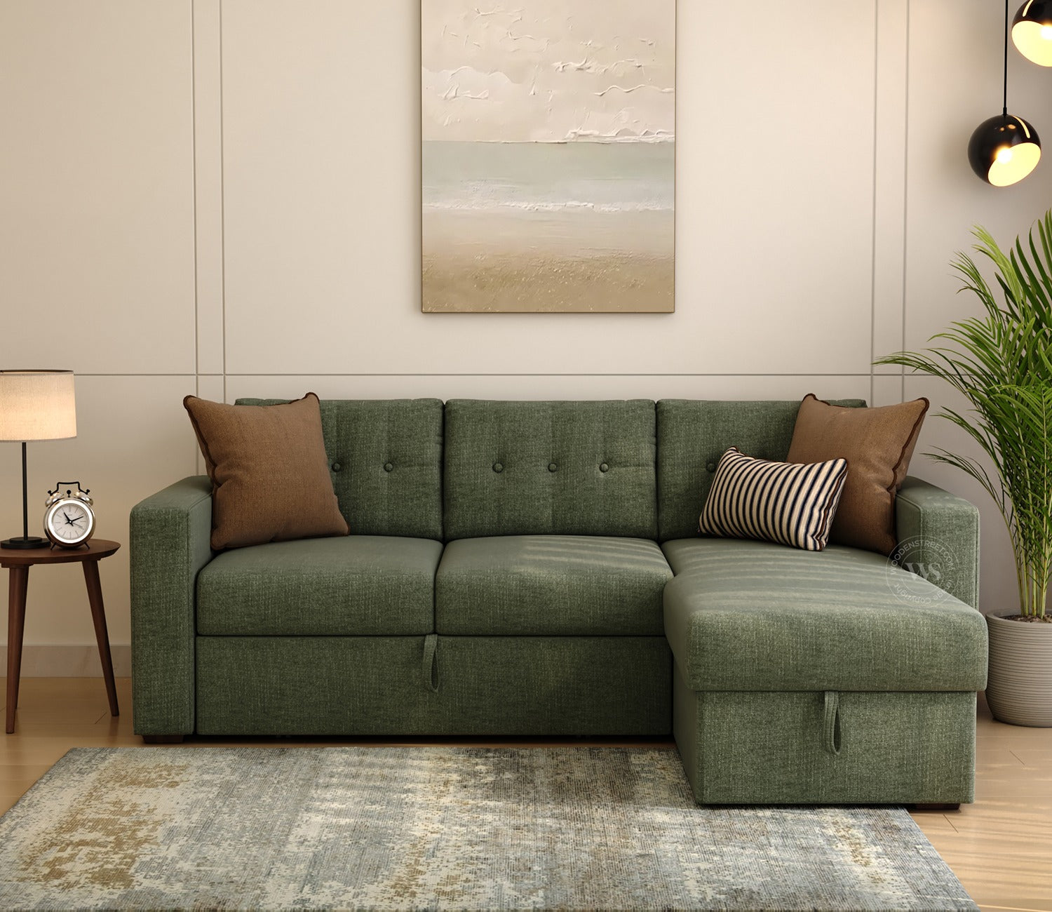 Alfonso Right Aligned Convertible Sofa Cum Bed (Sage Green)