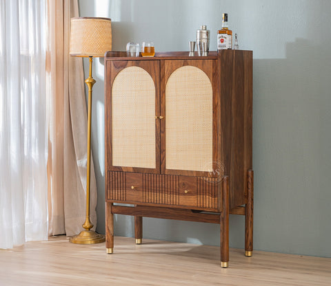 Amodh Sheesham Wood Bar Cabinet with Arched Cane Doors & Brass Handles (Teak Finish)