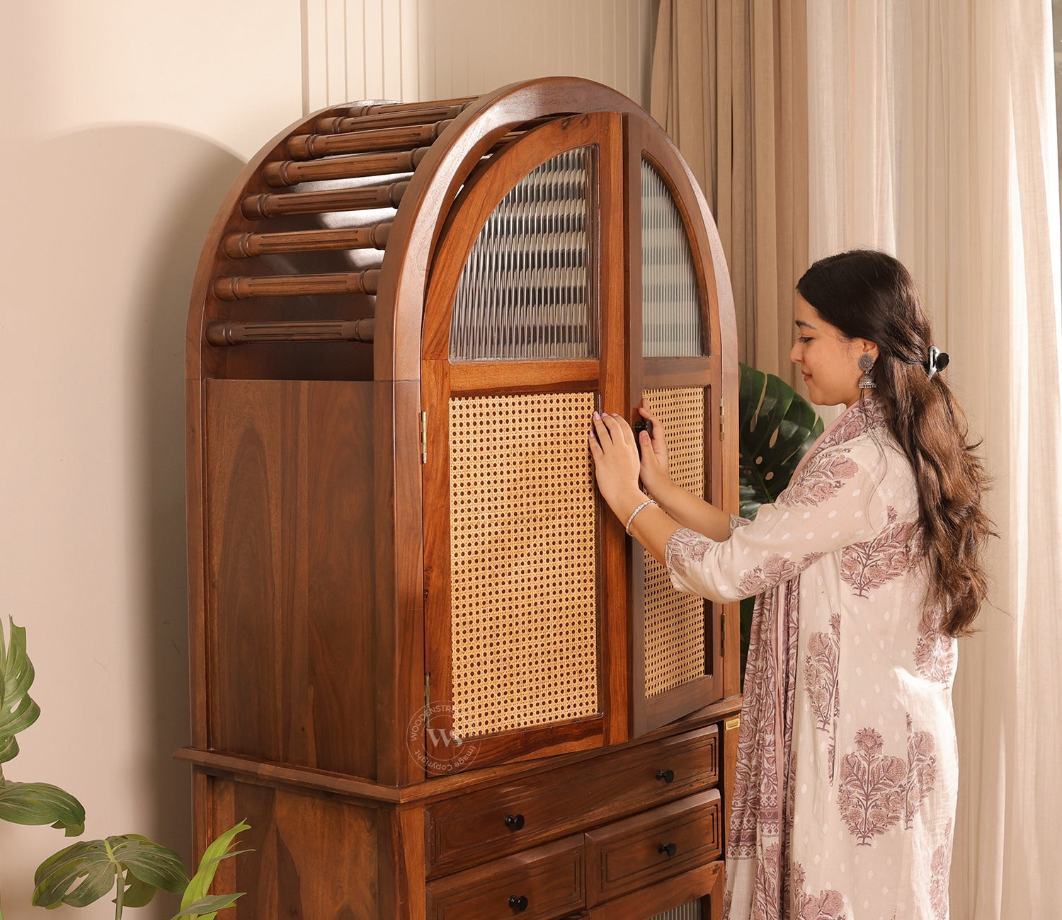 Anant Sheesham Wood Home Temple with Cane & Fluted Glass Doors and Spacious Drawers (Teak Finish)