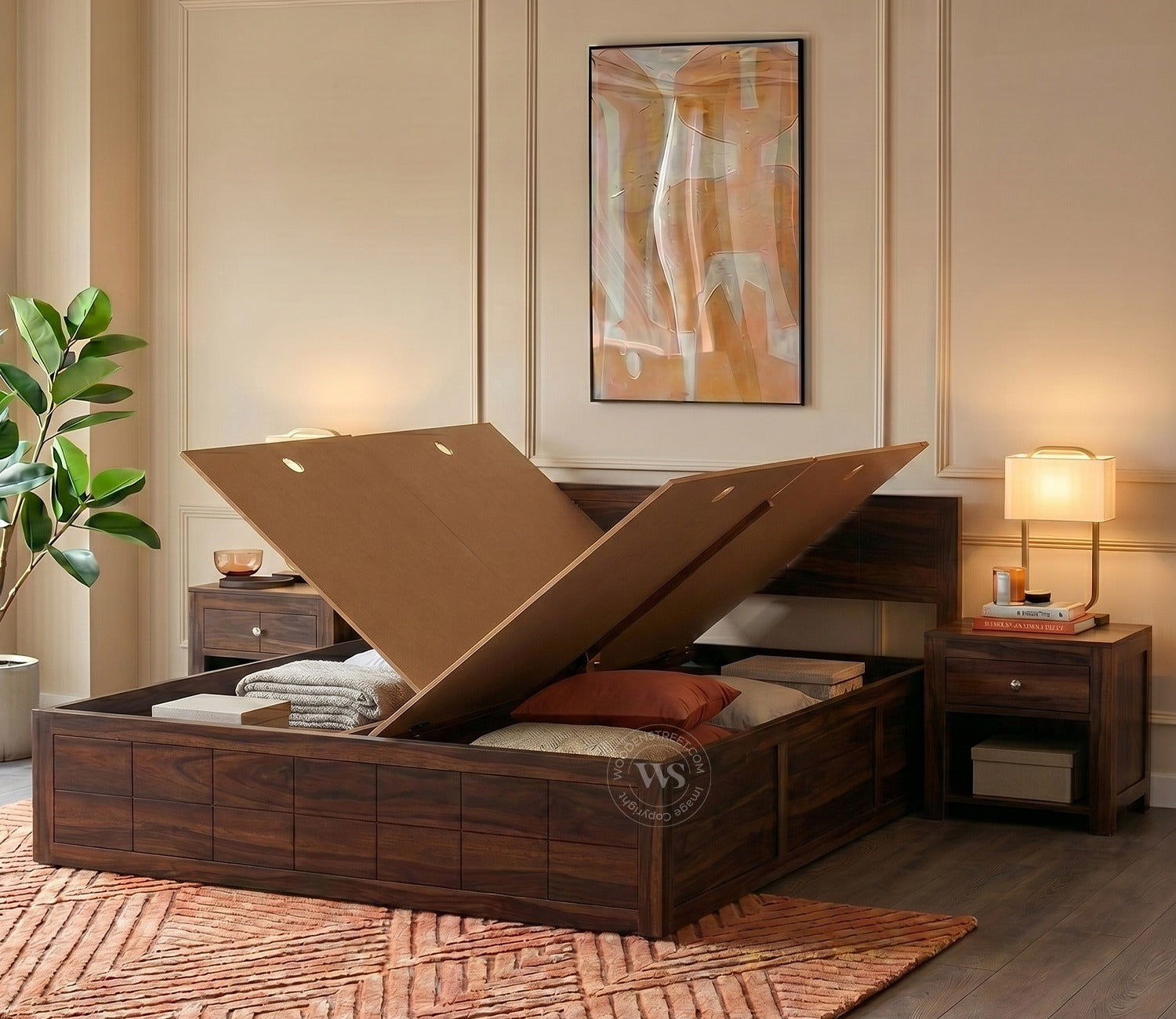 Brixton Sheesham Wood Bed With Box Storage (King Size, Walnut Finish)