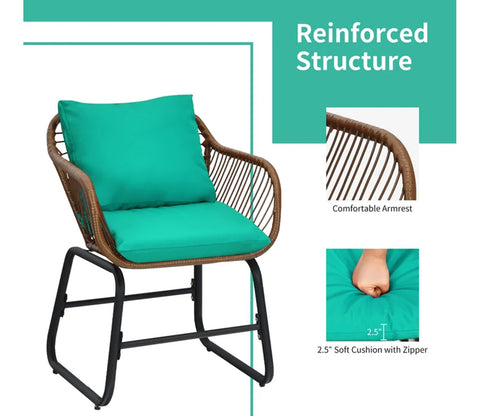 Dark Brown Rattan And Wicker 2 Seater Chair With Table And Robin Blue Cushions Balcony Set