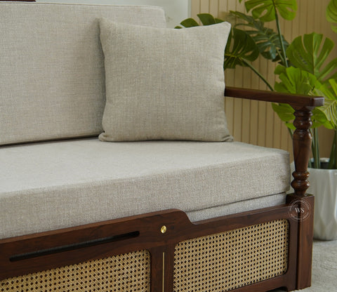 Ayaana Sheesham Wood 3 Seater Sofa Cum Bed with Cane Weaving | Opens to Double Bed (78x62) | Premium Upholstery | Sleeps 2 Adults (Teak Finish, Jade Ivory)