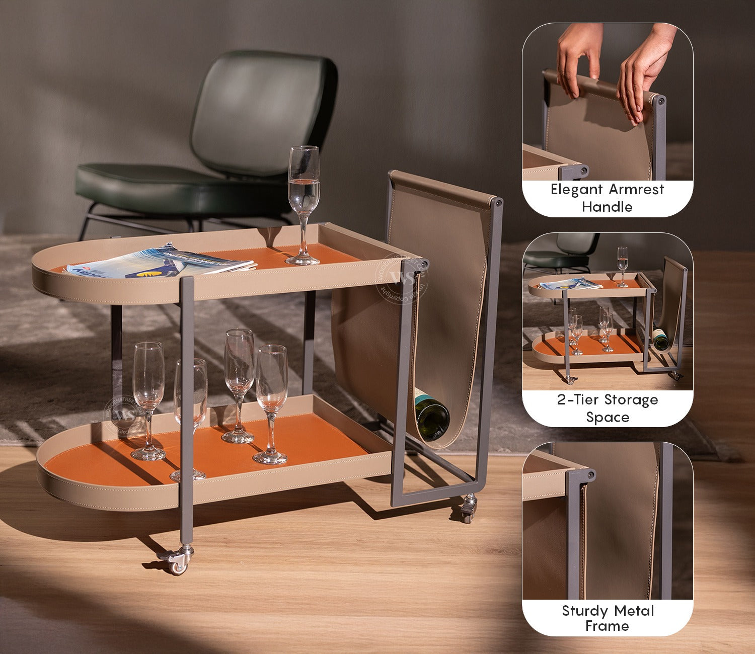 Cambert Modern Serving Trolley with Storage Shelves (Brown)