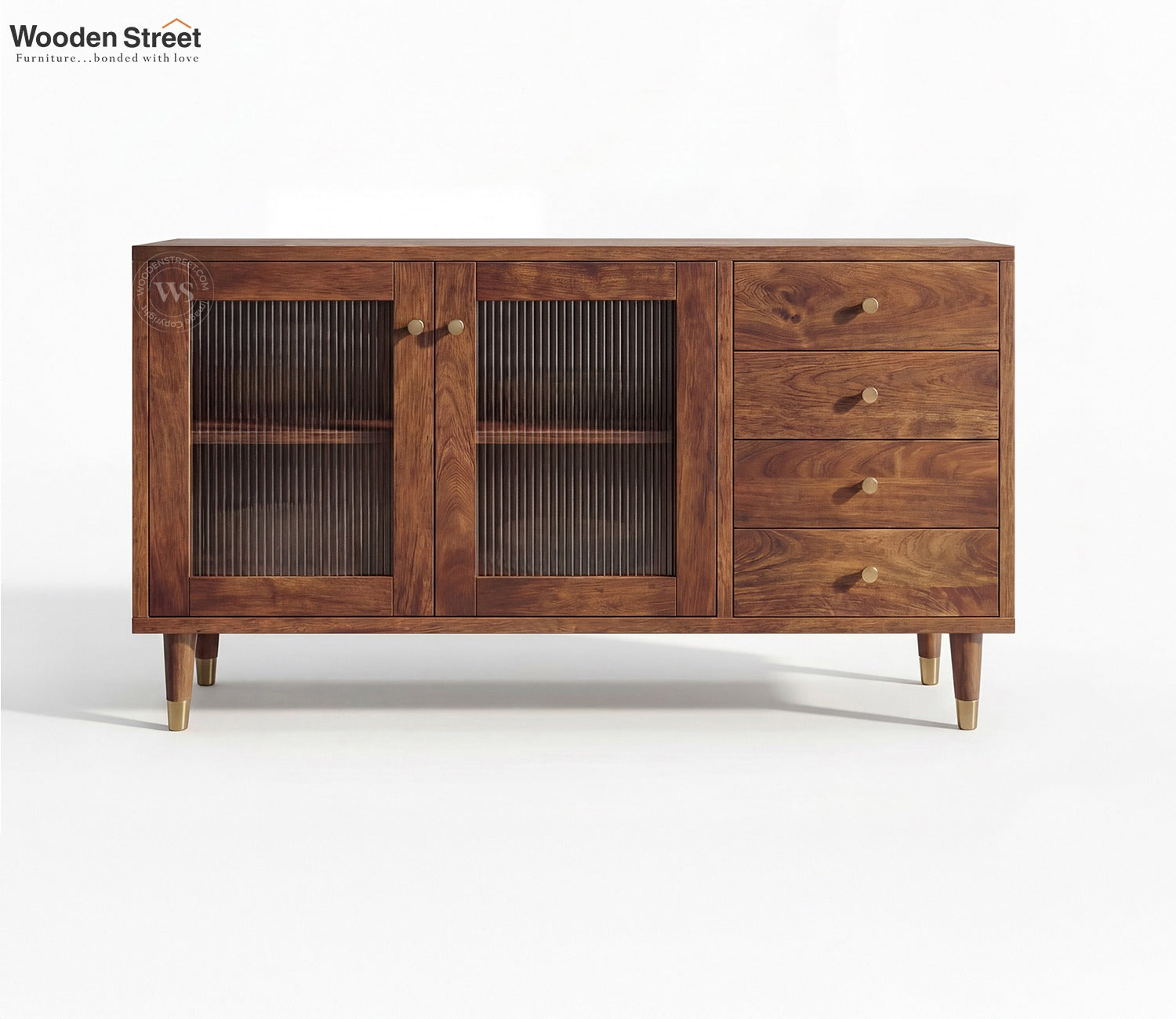 Briska Mango Wood Cabinet with Fluted Glass & Drawer Storage (Teak Finish)