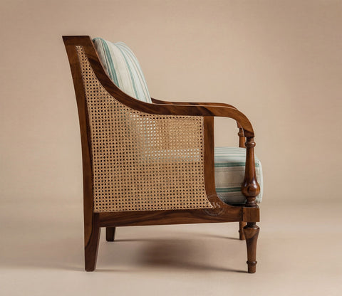 Eterna Sheesham Wood Lounge Chair With Premium Upholstery & Cane Detailing (Teak Finish)