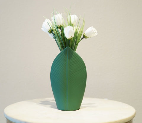 Sleek Green Leaf Ceramic Vase