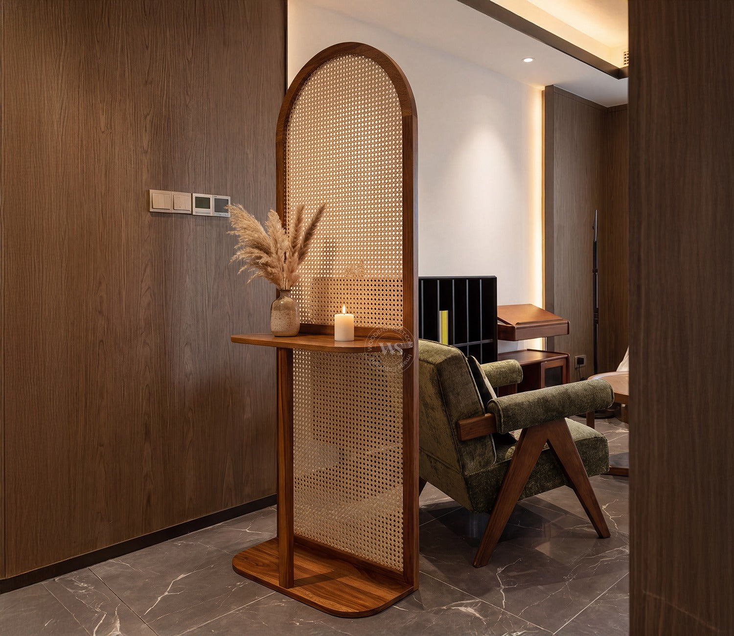 Aakruti Arch Sheesham Wood Single Panel Room Divider with Cane Weave & Open Shelf - Freestanding Partition Screen