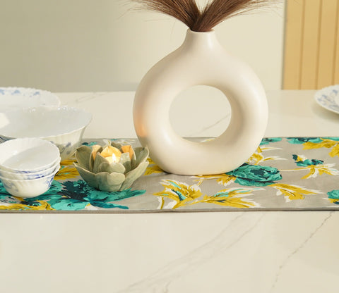 Aqua Bouquet Printed Cotton Table Runner (Grey, 13 x 72 Inches)