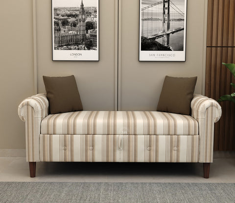 Velo Cushioned Hand Carved Sofa Bench With Hidden Storage (Cream Strip)
