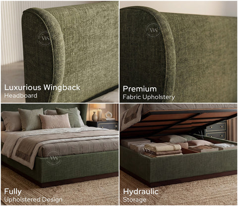Adhiraj Luxurious Fabric Hydraulic Storage Bed with Plush Wingback Headboard (Queen Size, Sage Green)
