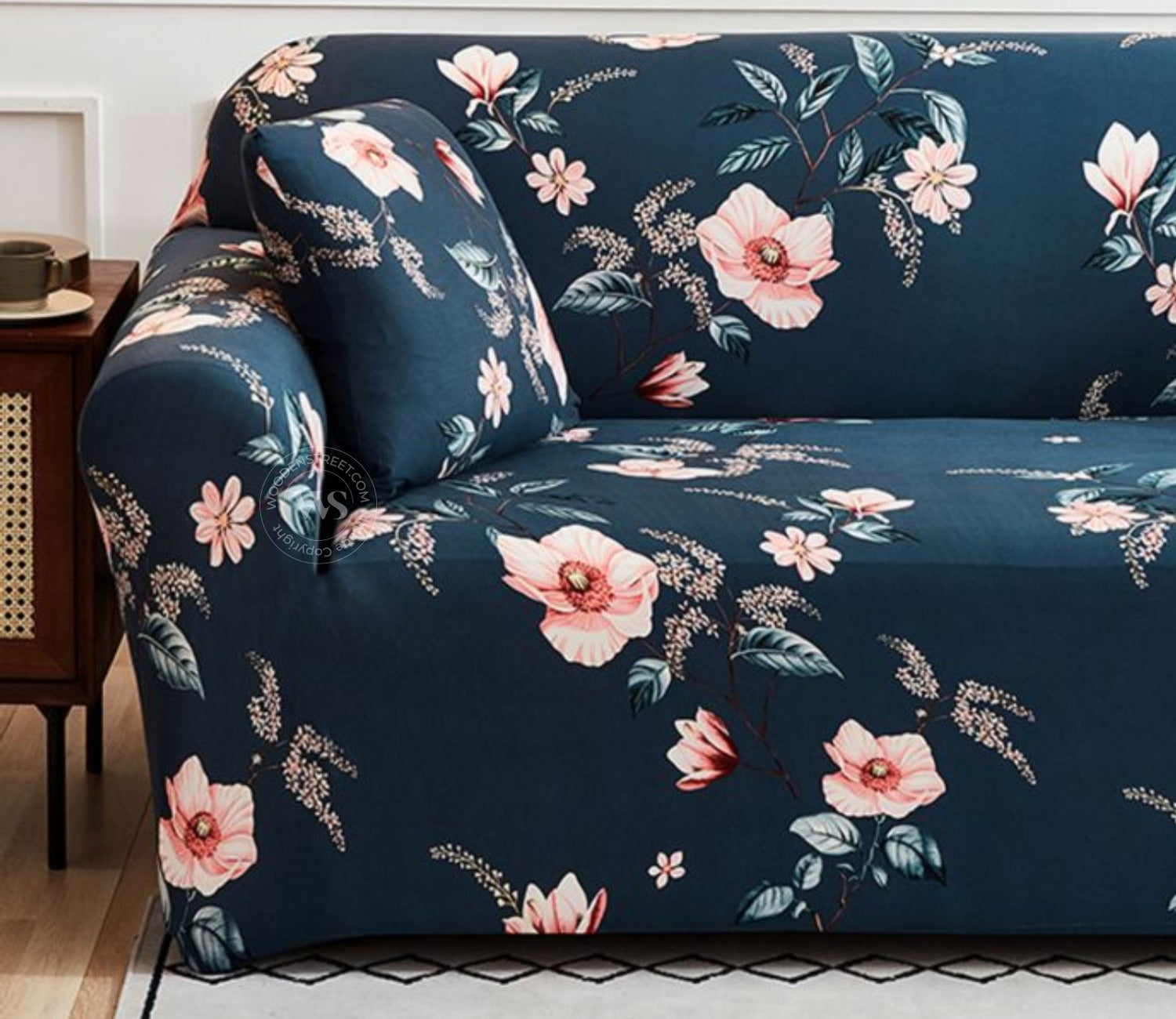 Flaubert Floral Printed Polyester Spandex 3 Seater Sofa Cover (Blue)
