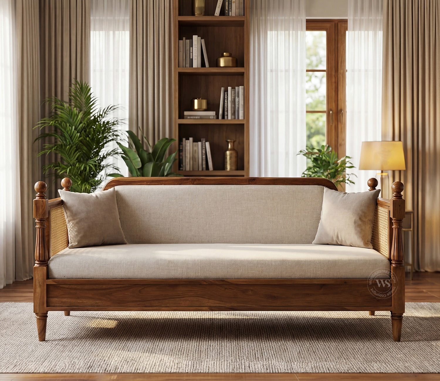 Dyuti Sheesham Wood and Cane Divan Bed with Jade Ivory Mattress (Teak Finish)