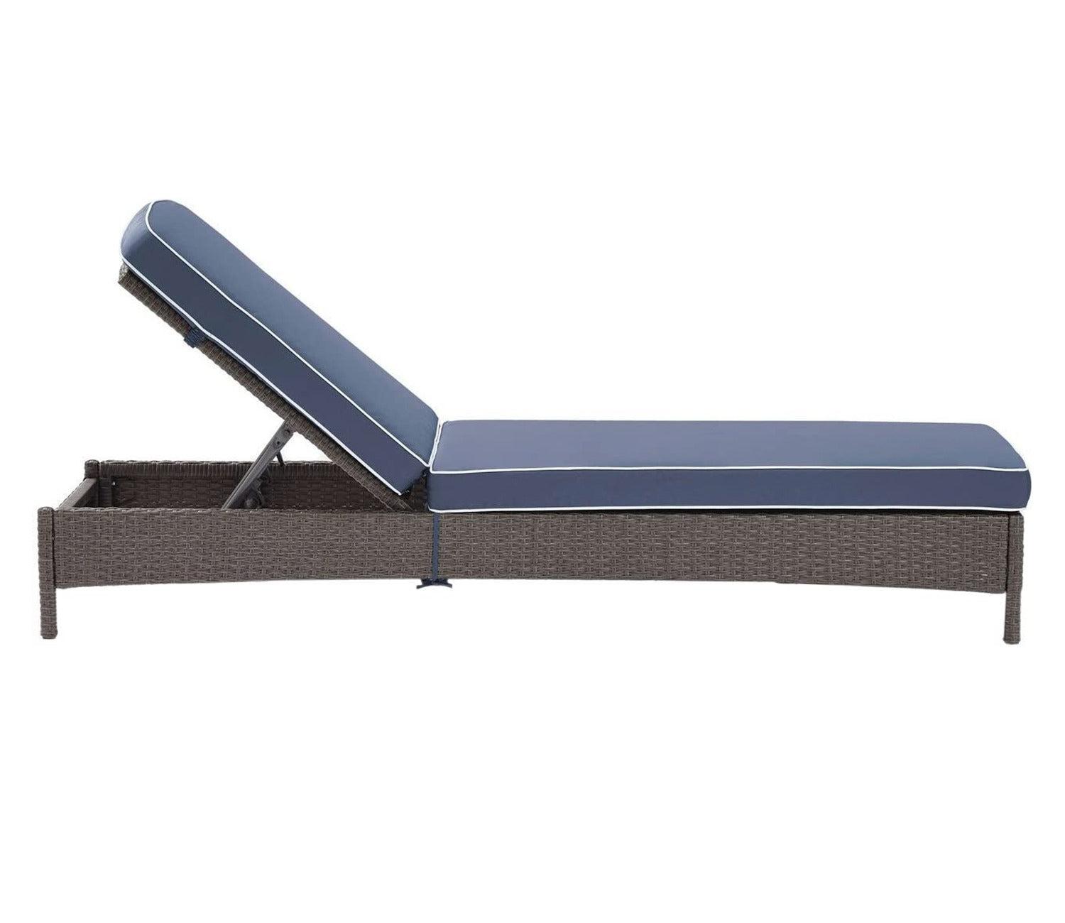 Dark Brown Adjustable Outdoor Patio Lounger With Navy Blue Cushions