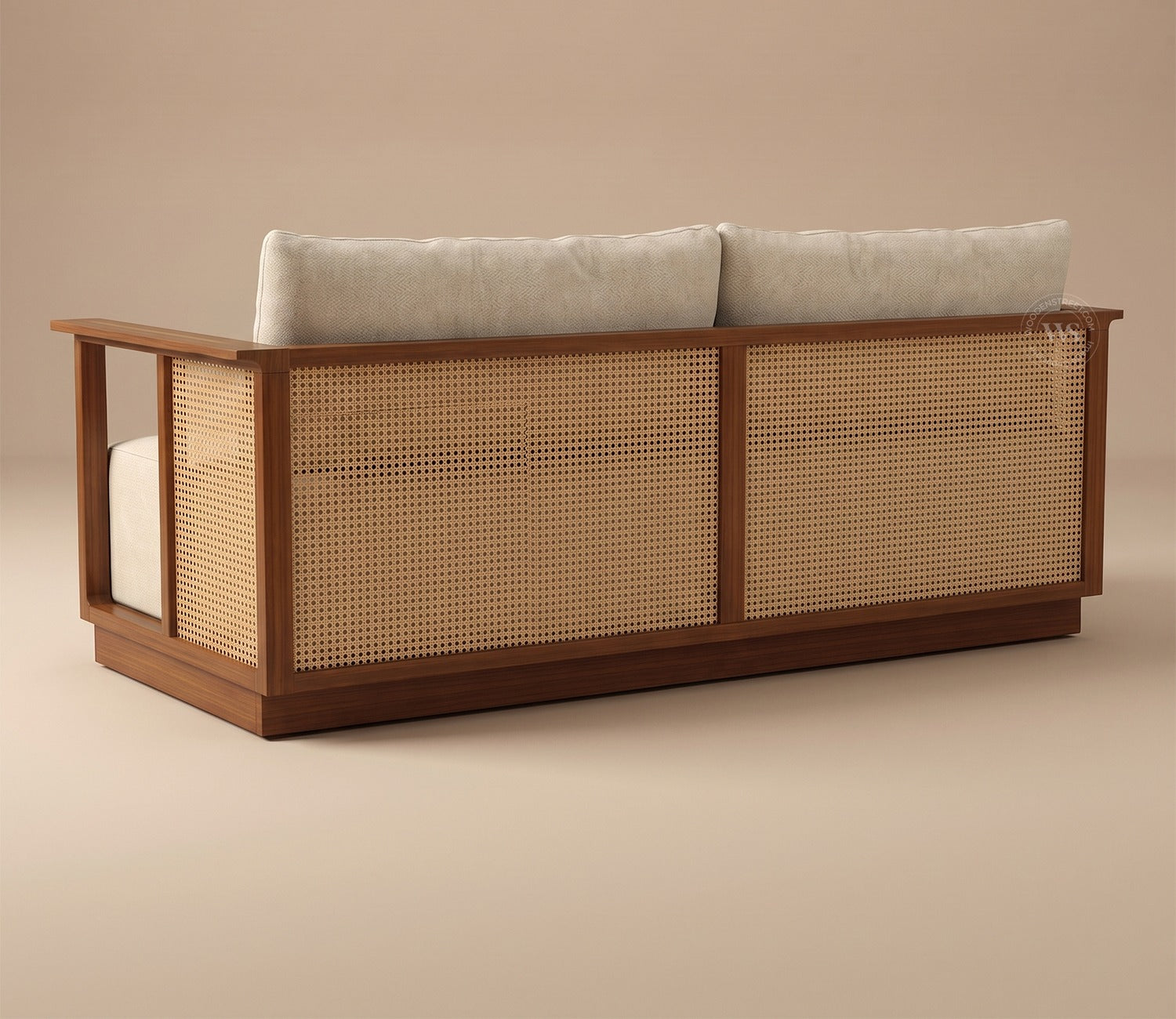 Varnik 3 Seater Ash Wood Sofa with Cane Accents (Teak Finish, Cottage Ivory)