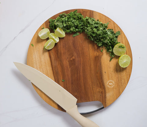 Sage Round Mango Wood Handcrafted Non Slip Chopping Board With Handle for Kitchen