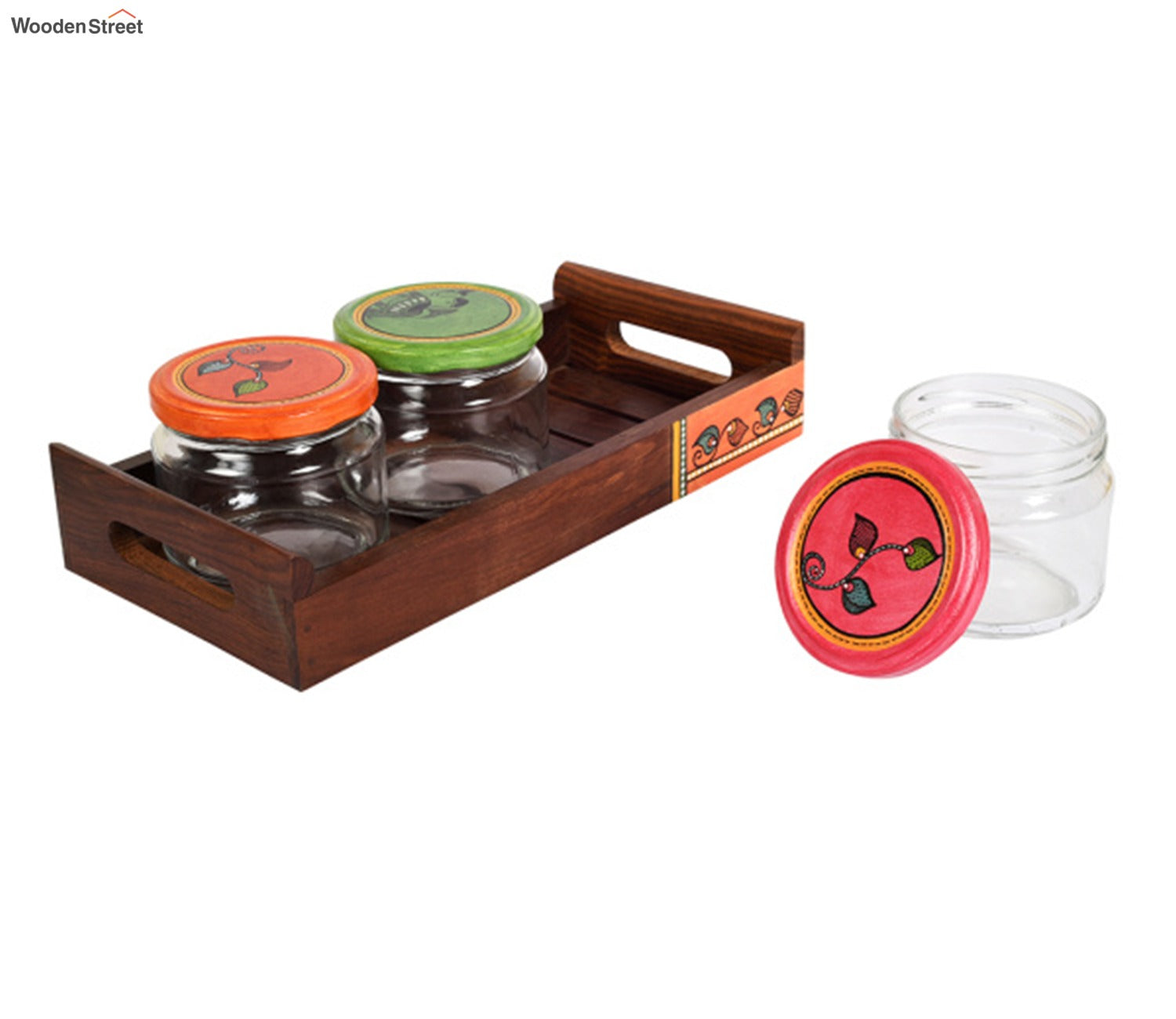 Madhubani Art Handcrafted Wooden Tray With Glass Jars
