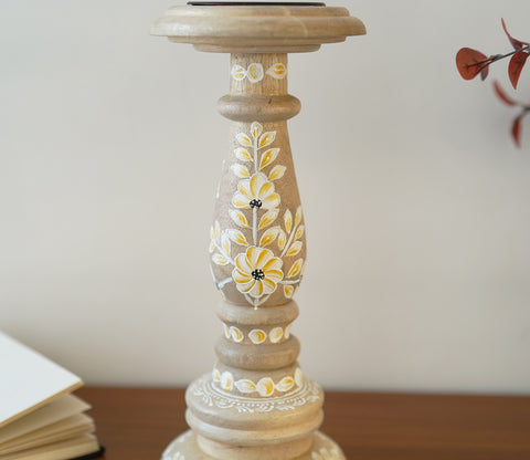 Adiva Floral Hand Painted Wooden Small Pillar Candle Stand