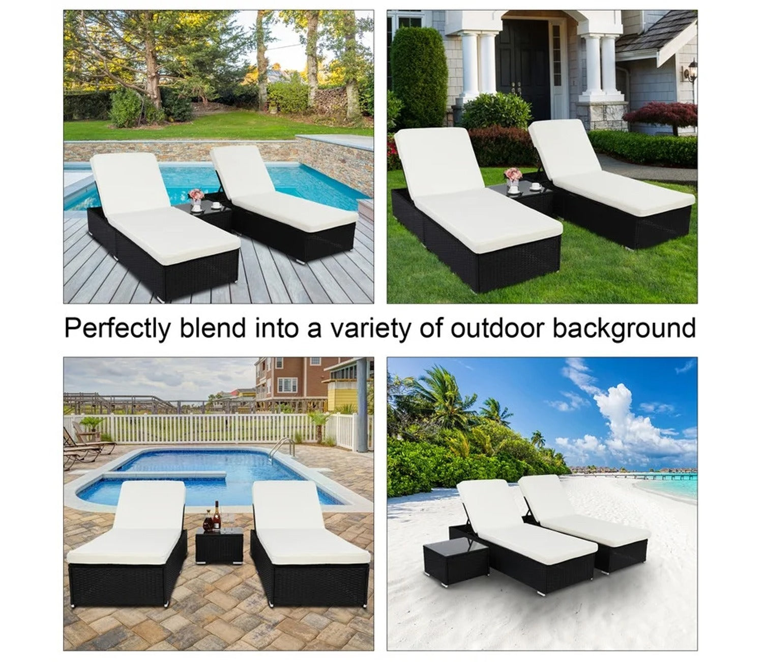 Black Two Rattan Wicker Outdoor Patio Lounger With White Cushions And Table