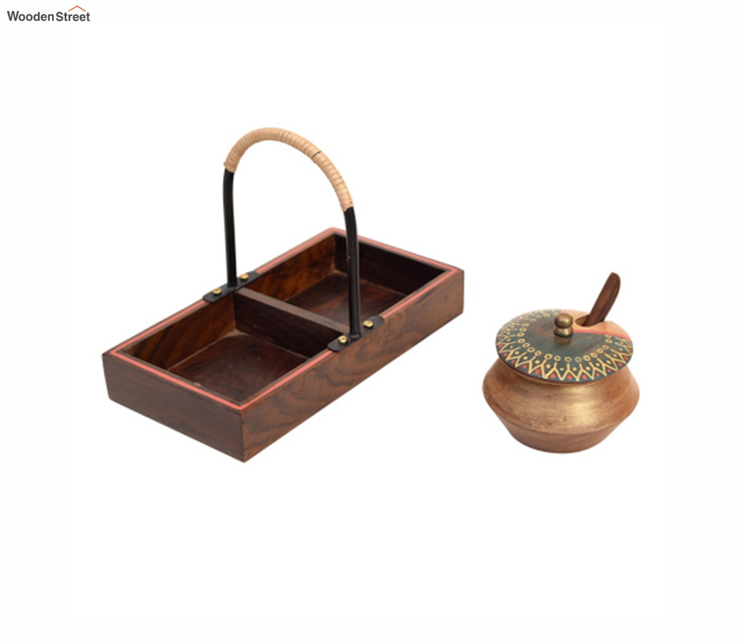 Brown Wooden Handi Set With Stylish Metal Handle Tray