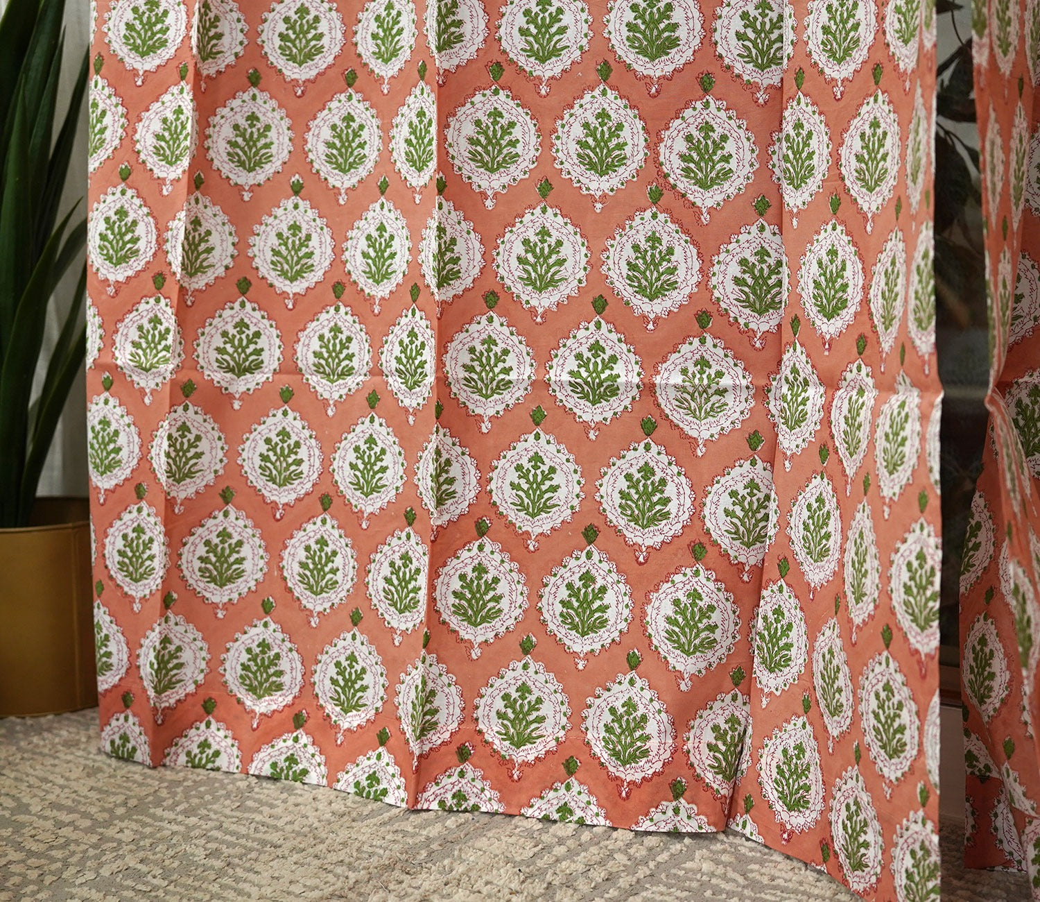 Floral Large Butah 1 Piece Long Door Curtain (Peach, 9 Feet)