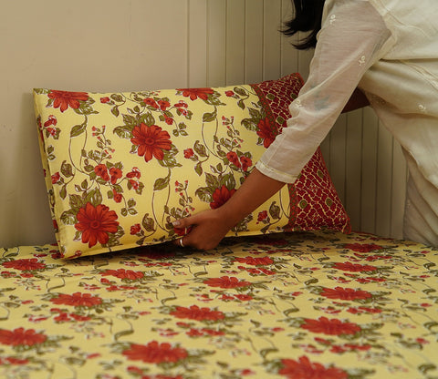 120 TC Floral Jaipuri Printed Cotton Double Bedsheet With 2 Pillow Cover