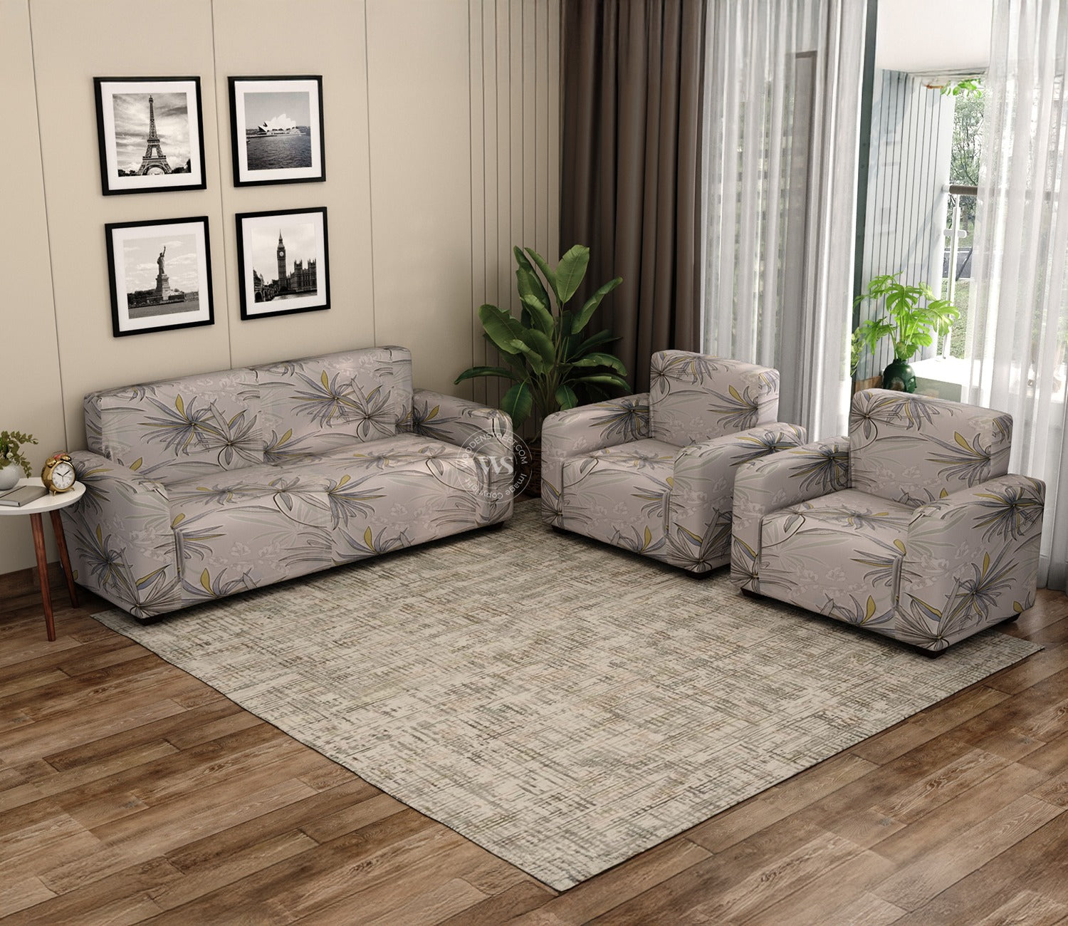 Cassia Floral Printed Polyester Spandex 3+1+1 Sofa Cover Set (Grey)