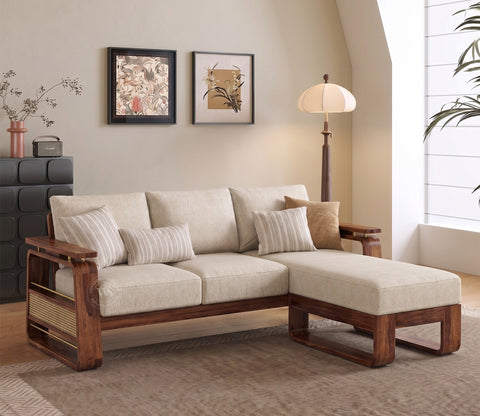 Vedic Sheesham Wood L Shape Left Align Sofa With Cane and Brass Detailing (Honey Finish, Jade Ivory)