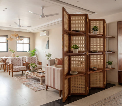 Aakaar Sheesham Wood Foldable Room Divider with Cane Weave & Open Shelves - 5 Panel Partition Screen