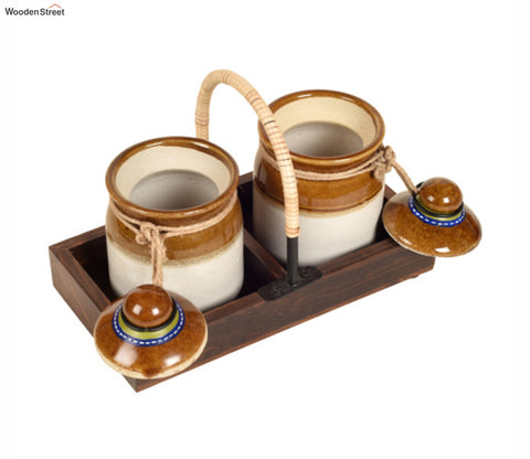 Brown Colour Cane Emblished Wooden Tray With Barni Set