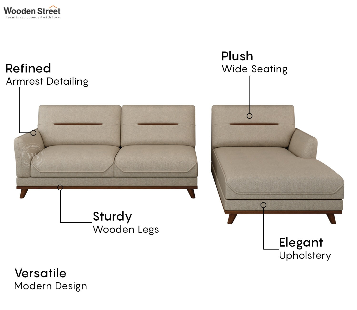 Alvaro L Shape 4 Seater Sofa with Wooden Accents (Cottage Ivory)