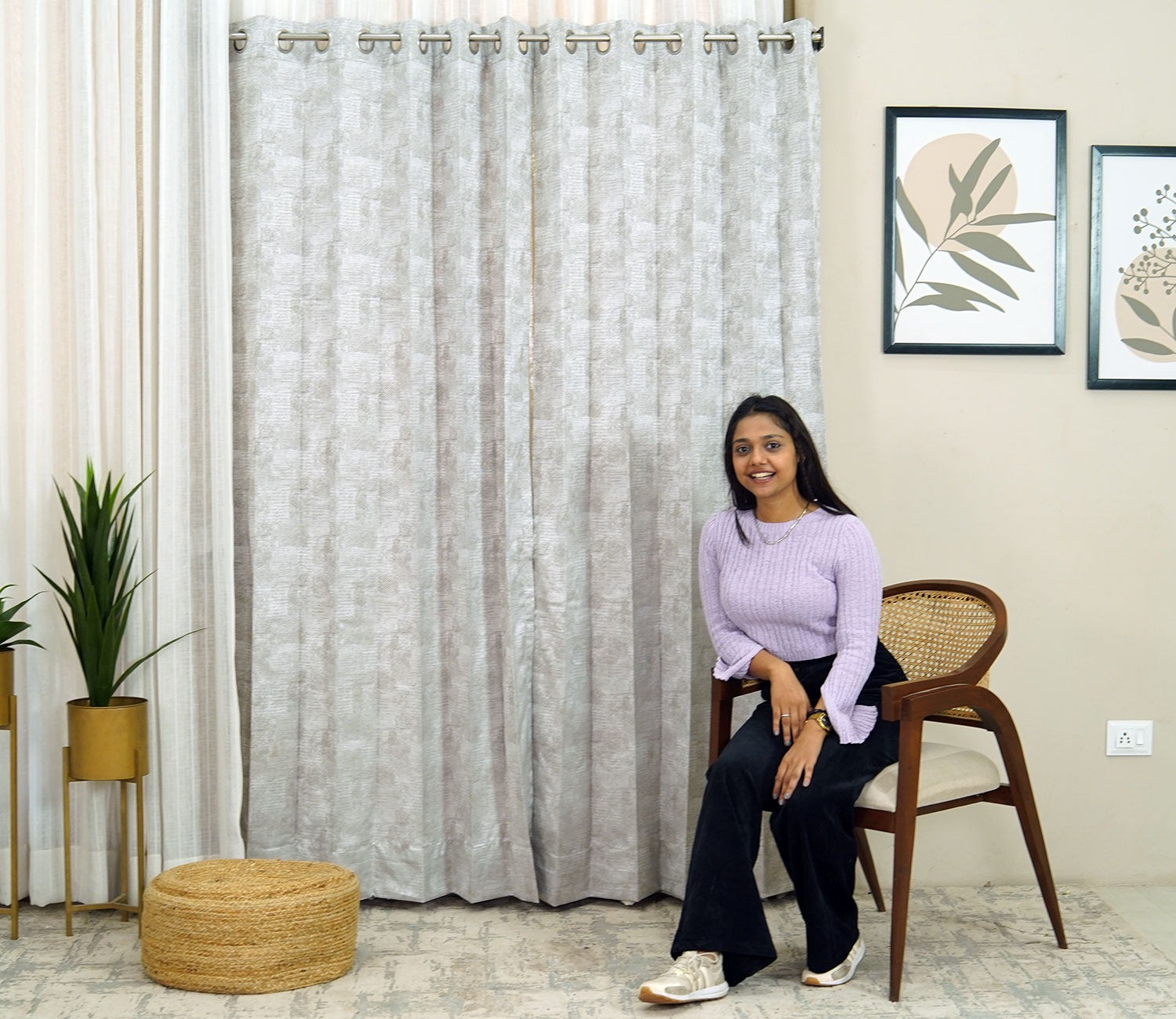 Dotted Textured Blackout 1 Piece Curtain (Grey, 7 Feet)