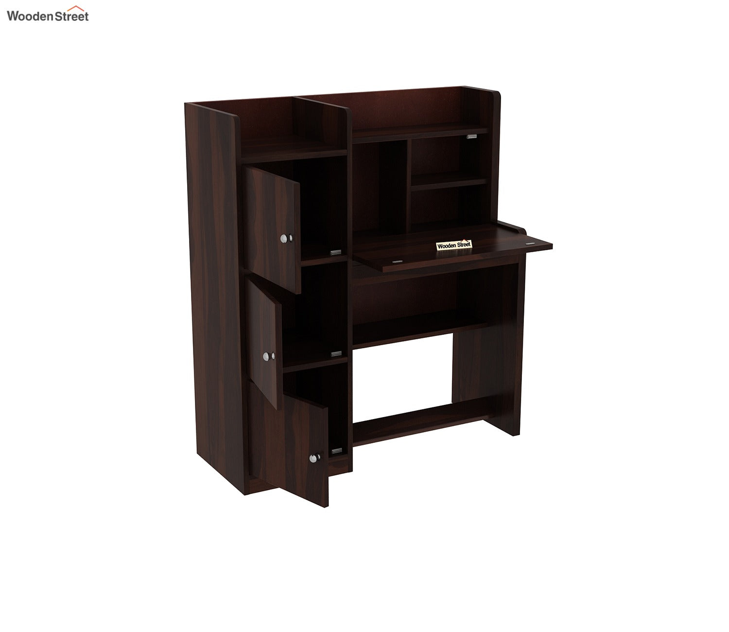 Candy Sheesham Wood Study Table with Three Cabinets & Open Shelves (Walnut Finish)