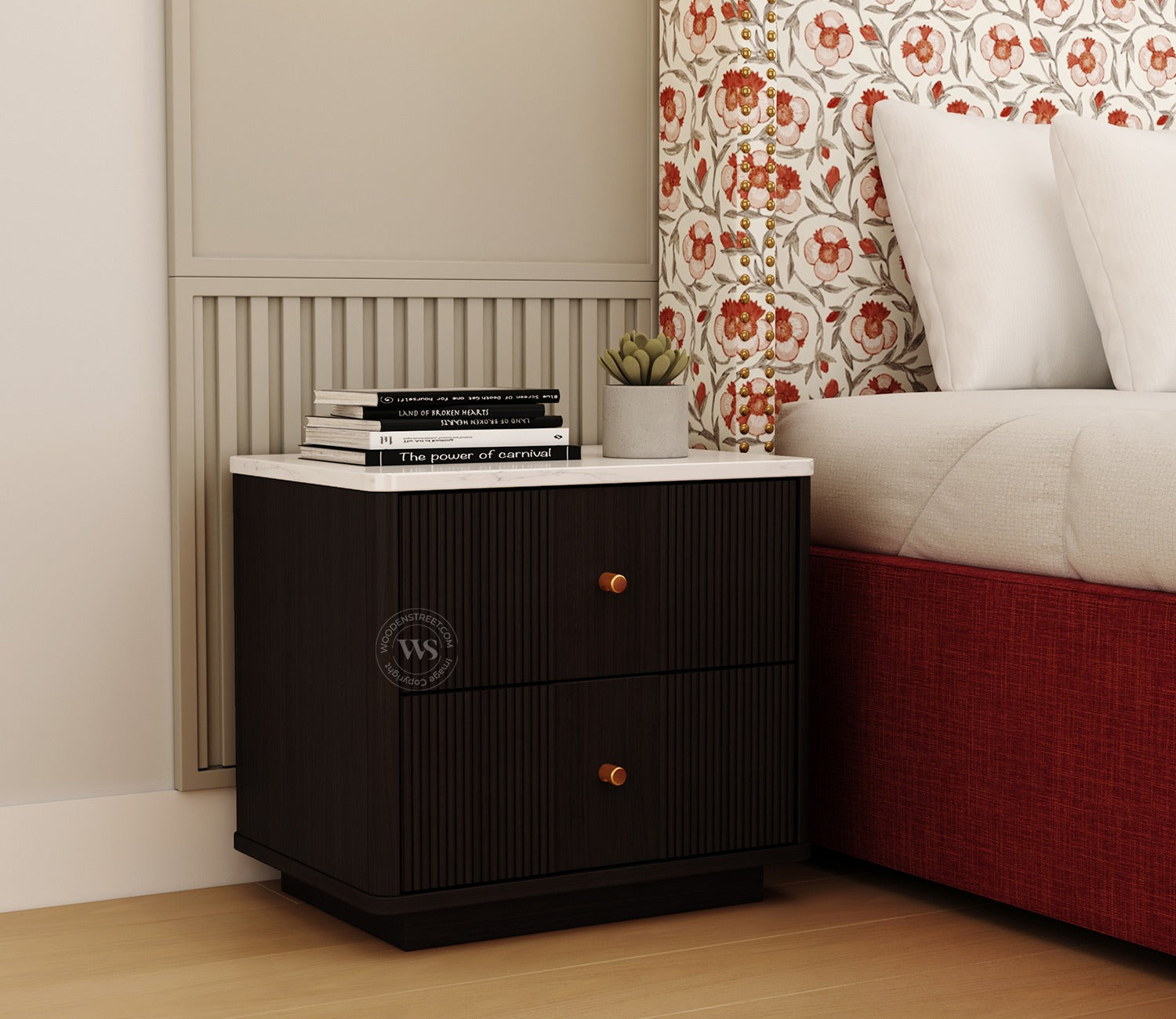 Kesarth Mango Wood Bedside table with Marble Top & Storage (Black Finish)