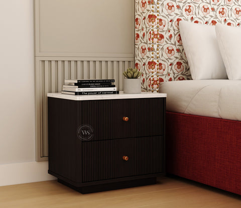 Kesarth Mango Wood Bedside table with Marble Top & Storage (Black Finish)
