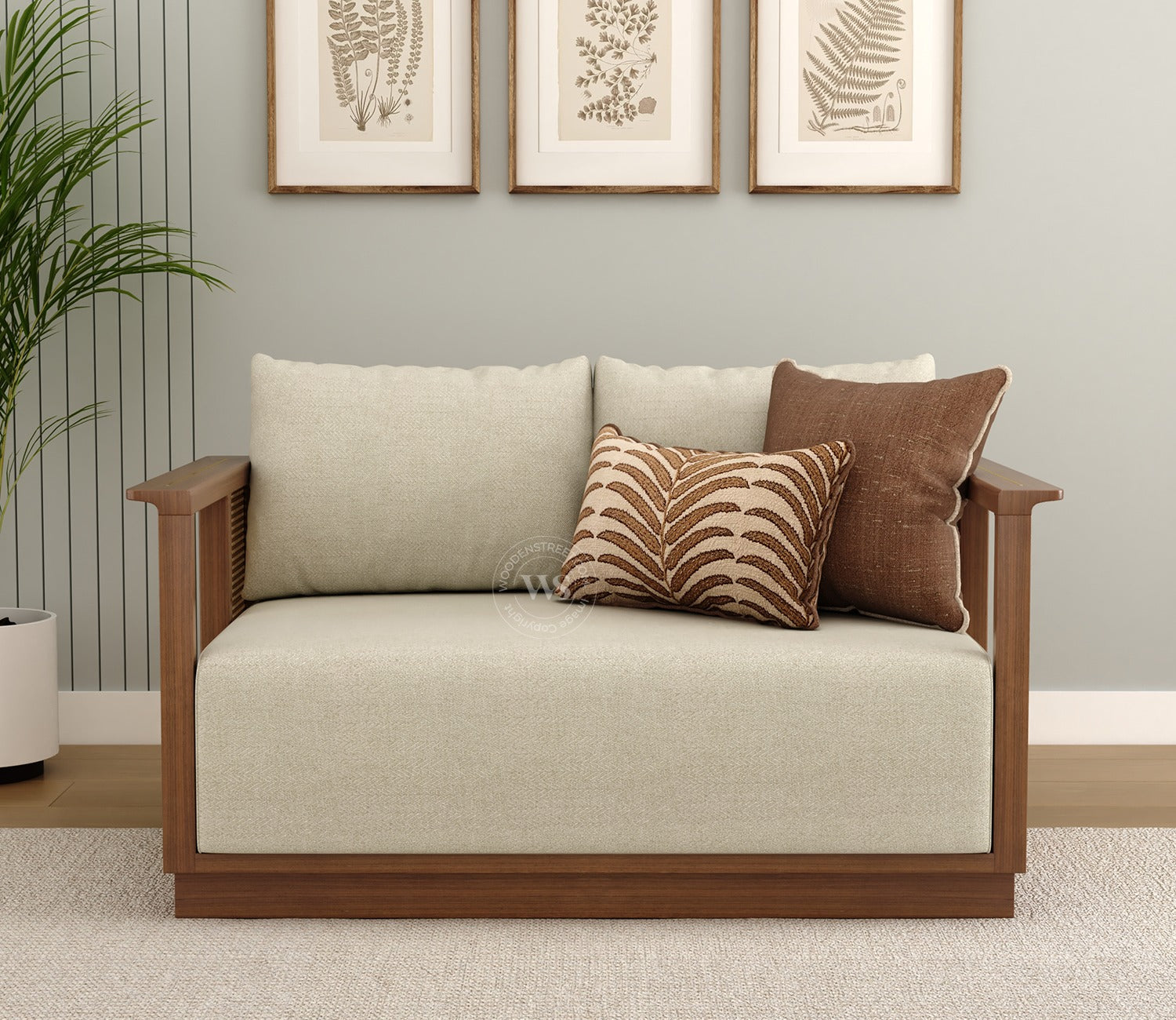 Varnik 2 Seater Ash Wood Sofa with Cane Accents (Teak Finish, Cottage Ivory)