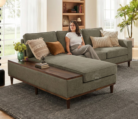 Ashion Premium Left Aligned L Shape Sofa with Built-in Side Wooden Deck (Sage Green)