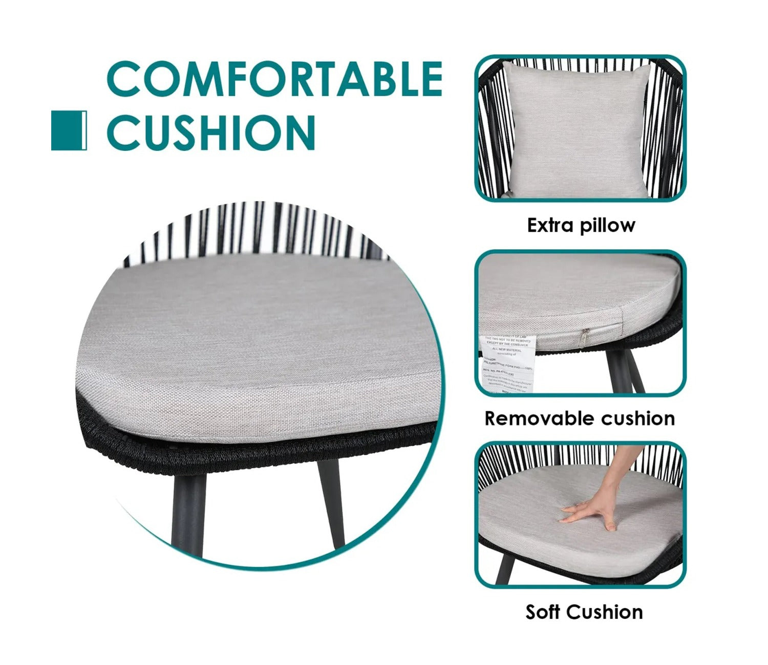 Black Rope 2 Seater Chair With Table And Off White Cushions Patio Set
