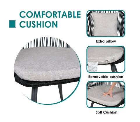 Black Rope 2 Seater Chair With Table And Off White Cushions Patio Set