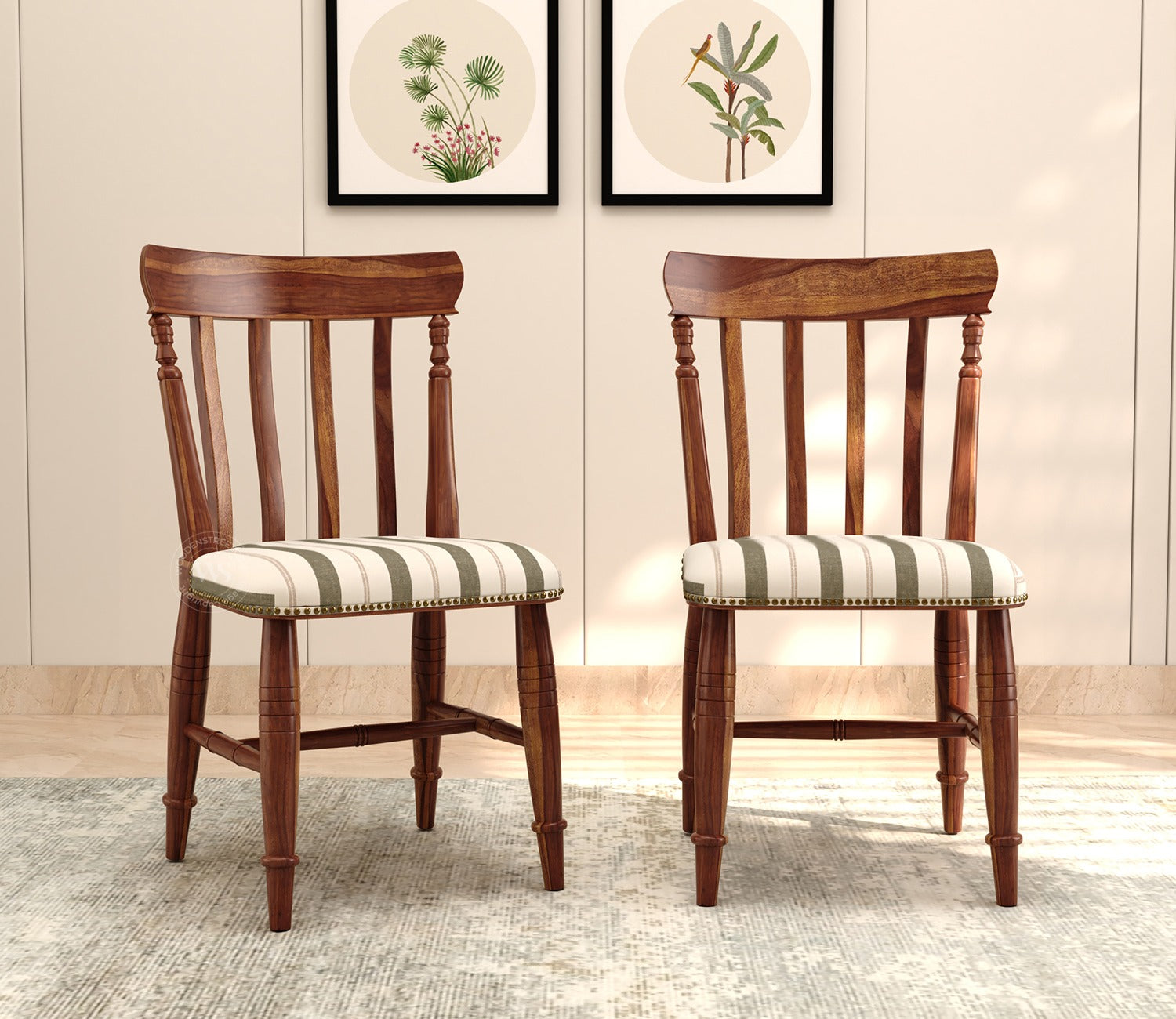 Misha Sheesham Wood Dining Chair- Set of 2 (Teak Finish, Green Stripes)