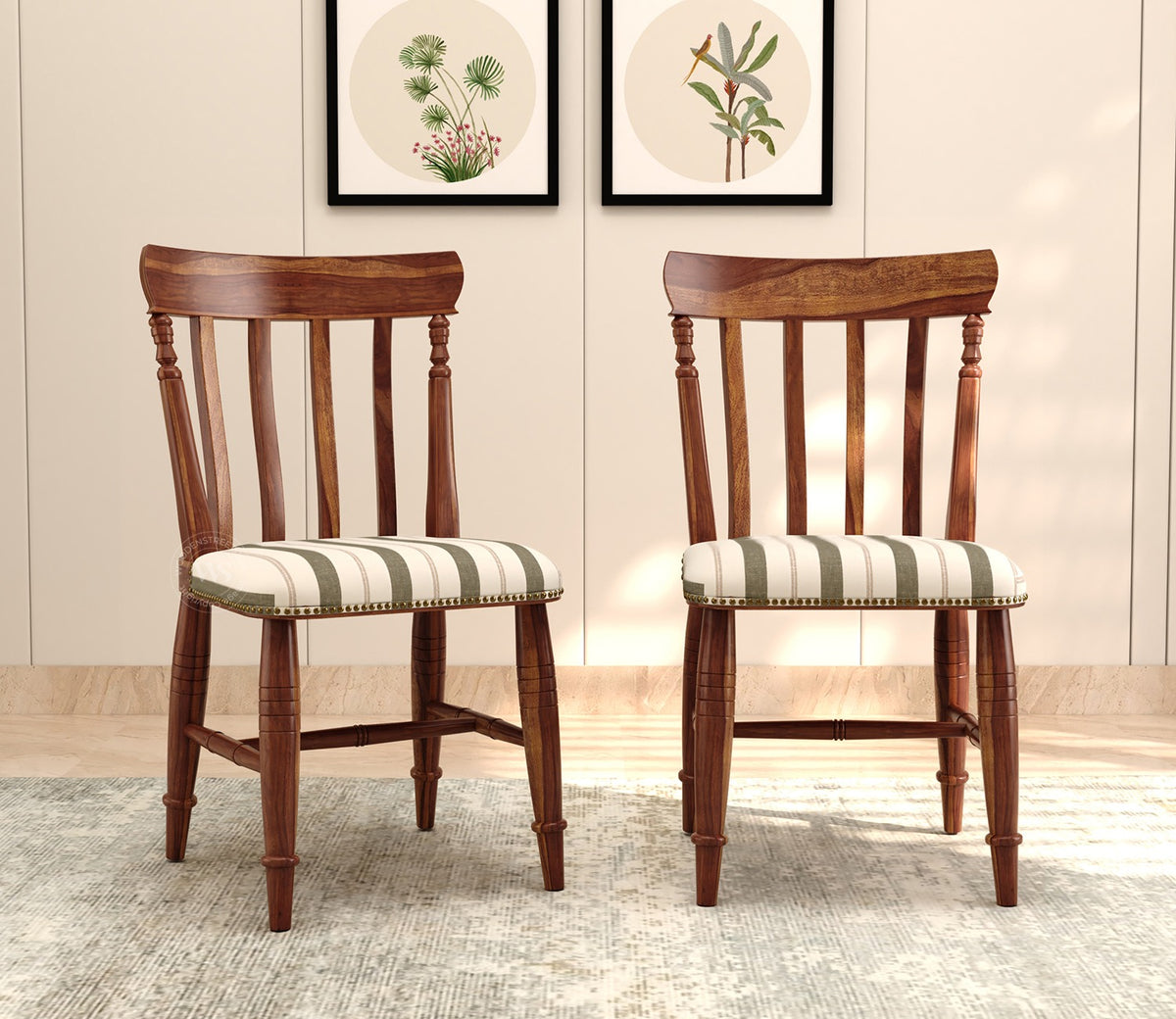 Misha Sheesham Wood Dining Chair- Set of 2 (Teak Finish, Green Stripes)