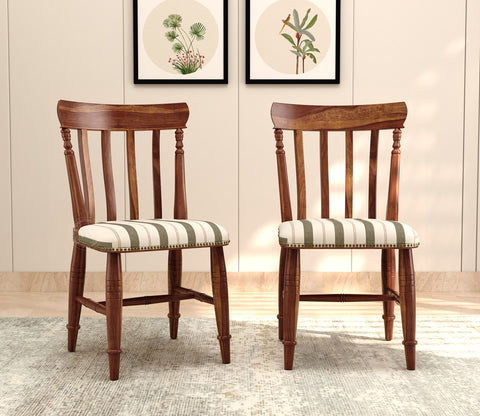 Misha Sheesham Wood Dining Chair- Set of 2 (Teak Finish, Green Stripes)