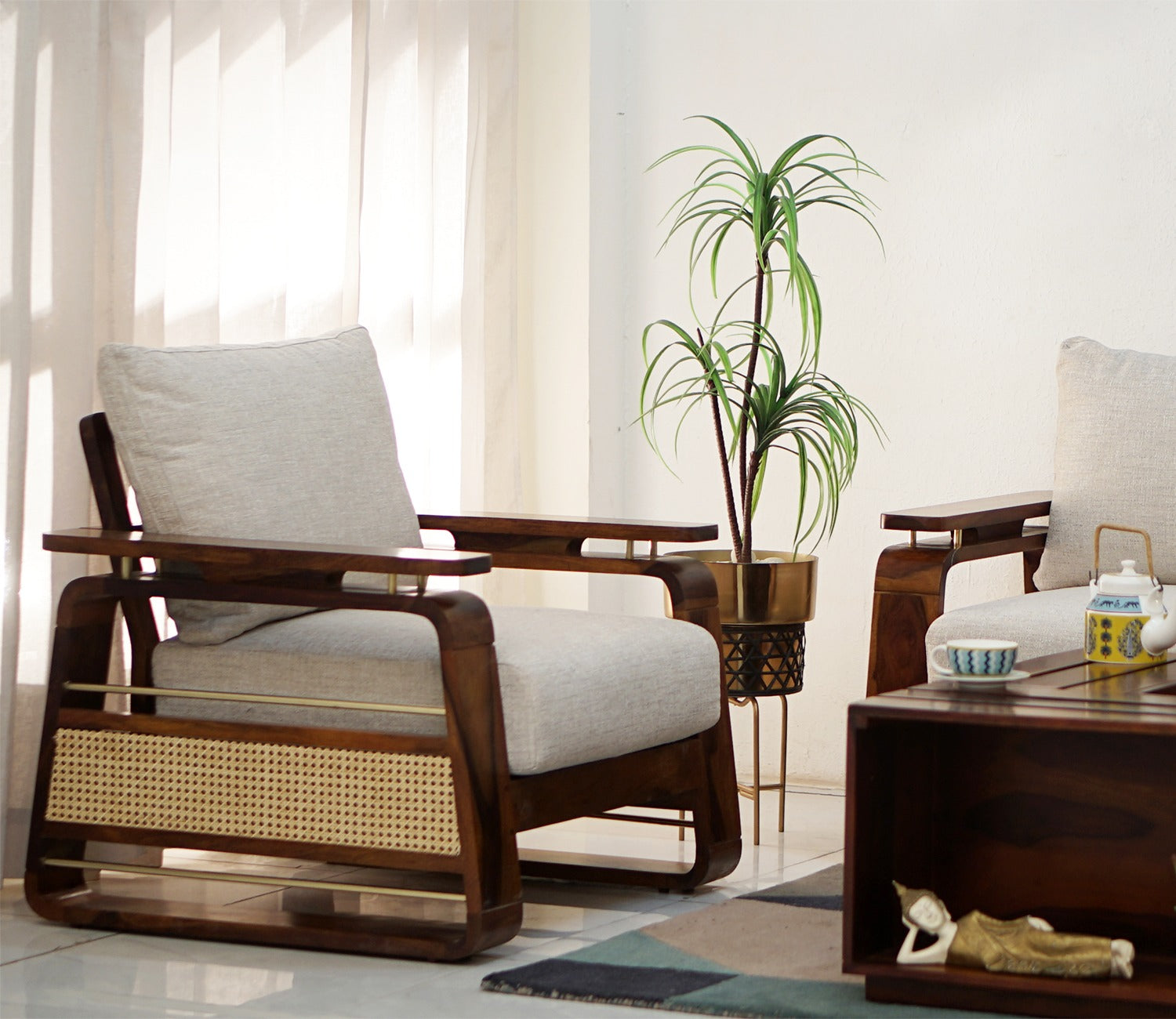 Vedic 3+1+1 Sheesham Wood Sofa Set With Cane and Brass Detailing (Honey Finish, Jade Ivory)