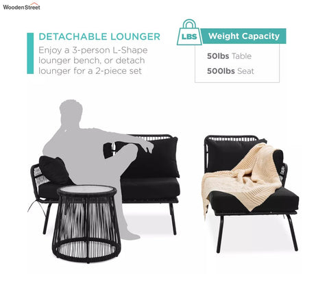 Black Detachable L Shaped Rope Outdoor Sofa with Table and Black Cushion Set