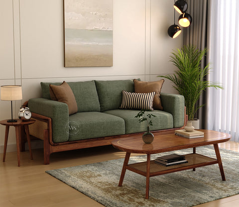 Aranyam Sheesham Wood 3 Seater Sofa with Cane Detailing (Sage Green)