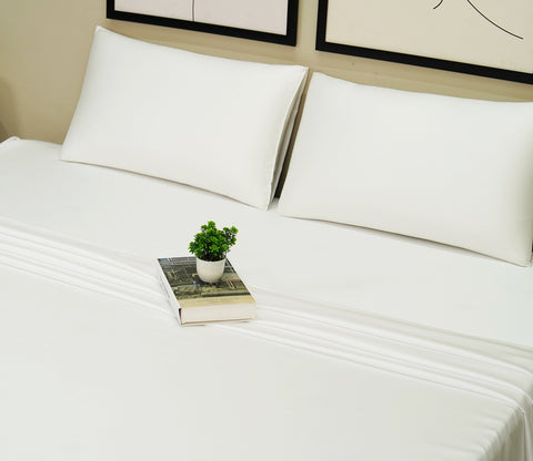Vegan Bamboo Silk Bedsheet 300 TC Naturally Anti-Bacterial Fitted Queen Bedsheet with 2 Pillow Cover (White)