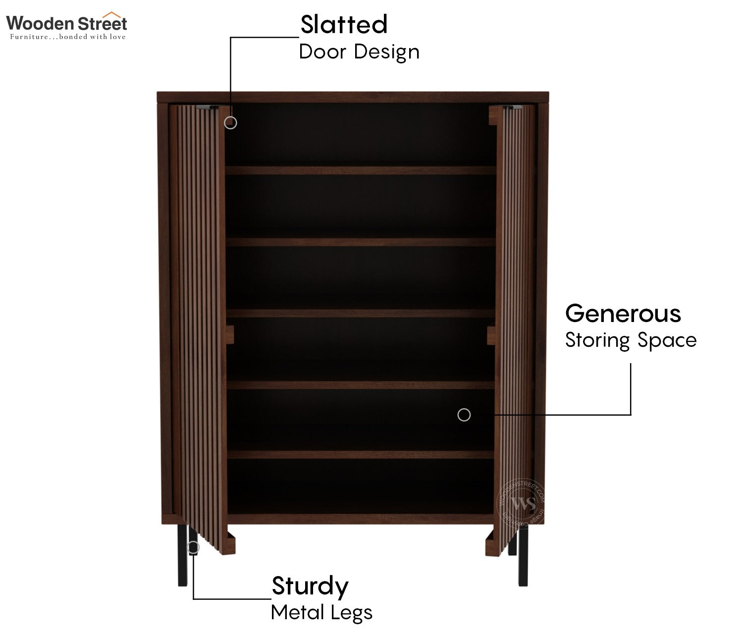 Oxfora Premium Solid Wood Shoe Cabinet With Slatted Doors (Mango Wood, Teak Finish)